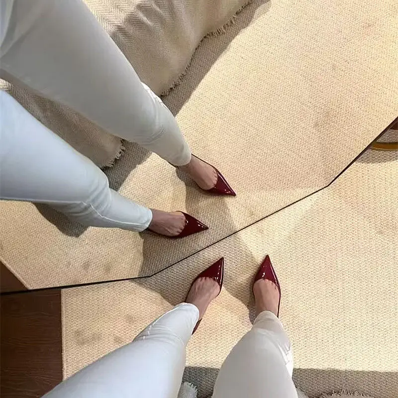 Burgundy High Heels with Fashionable Red Sole, Side Cutouts, Patent Leather, Sexy Pointed Toe, Shallow Mouth, Thin Heel, 2026 New Model - Image 5