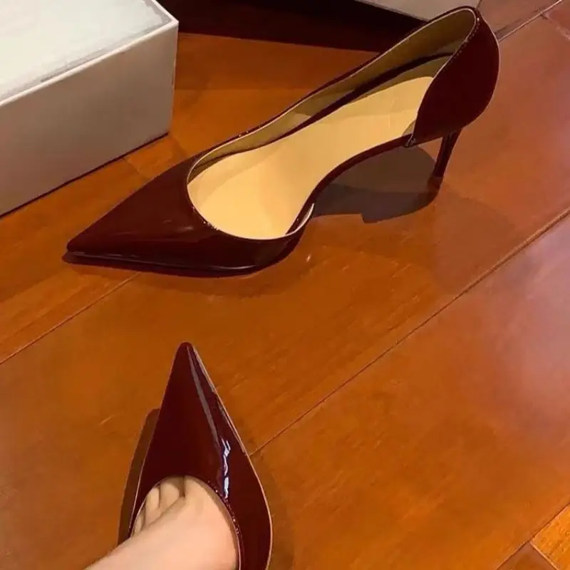 Burgundy High Heels with Fashionable Red Sole, Side Cutouts, Patent Leather, Sexy Pointed Toe, Shallow Mouth, Thin Heel, 2026 New Model - Image 2