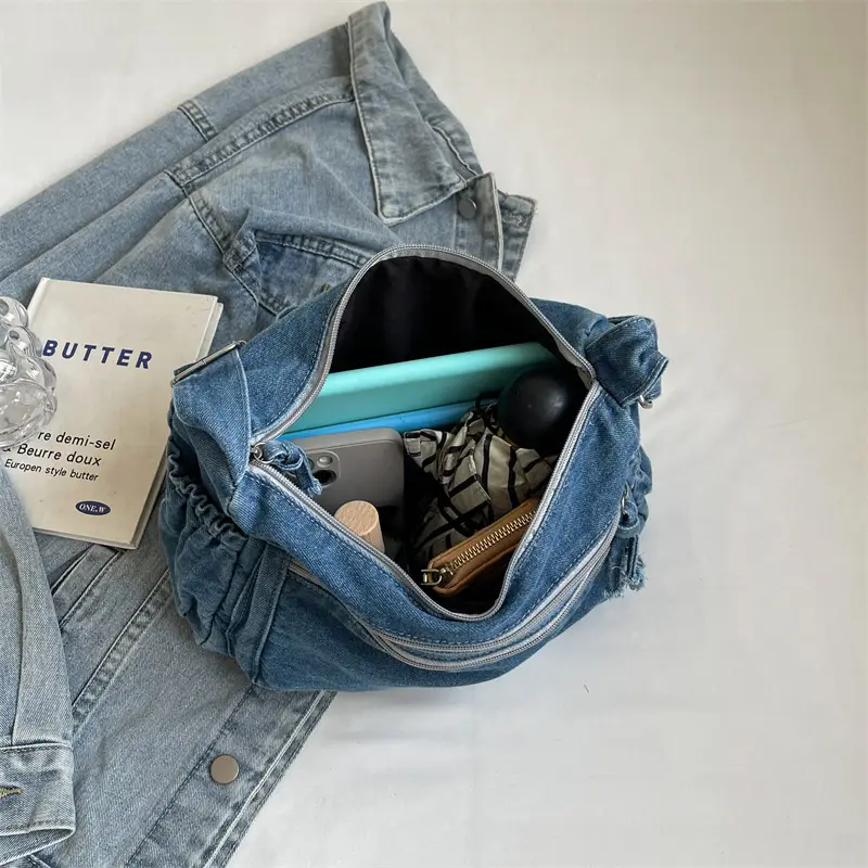Denim Retro Shoulder Bag Large Capacity Women Travel Literary Luggage - Image 7