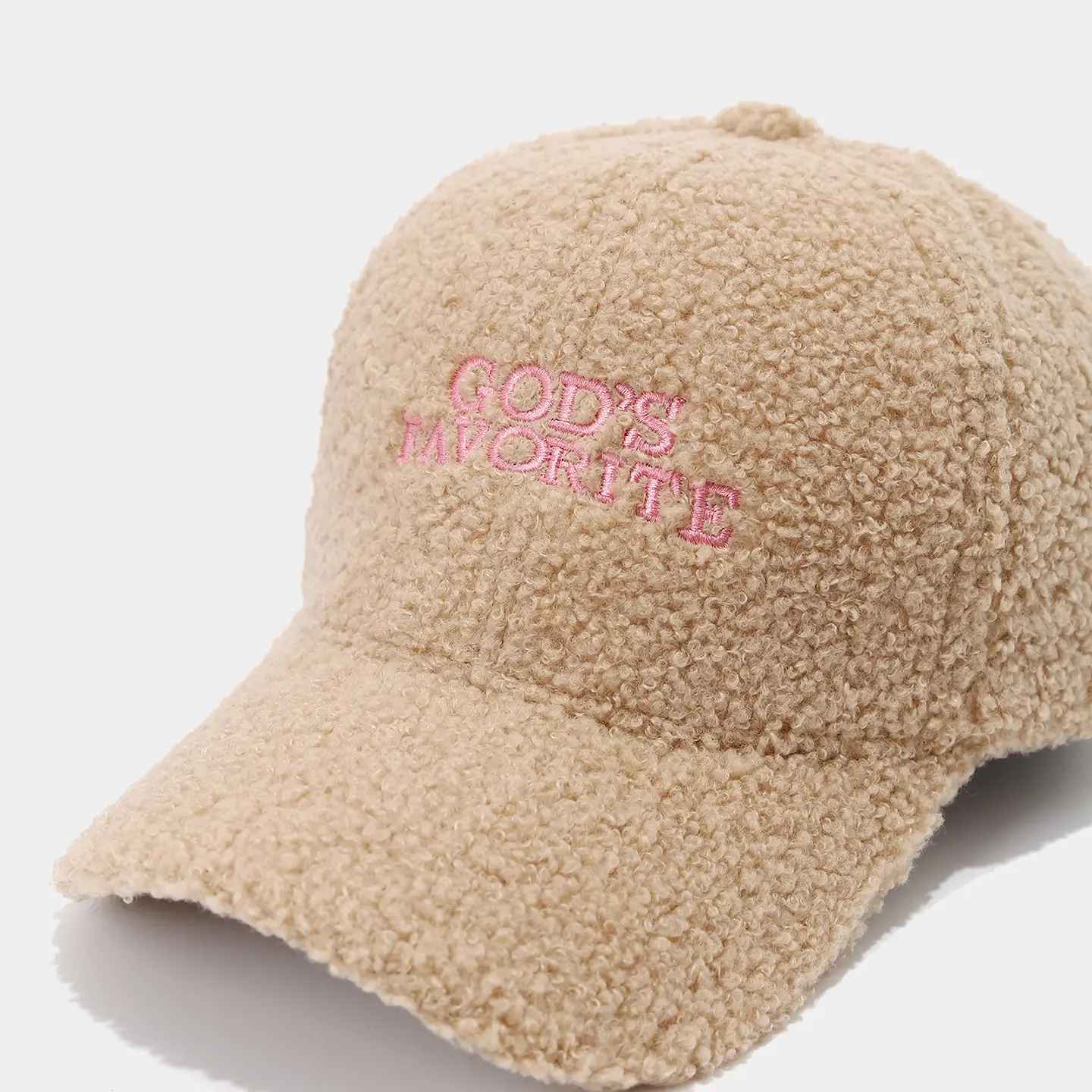White Teddy Velvet Baseball Cap with "Gods Favorite" Embroidery — feature 9