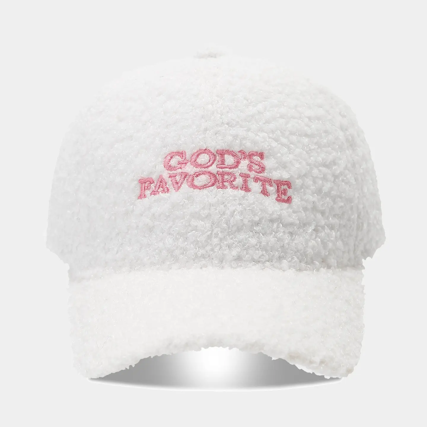 White Teddy Velvet Baseball Cap with "Gods Favorite" Embroidery - Image 2