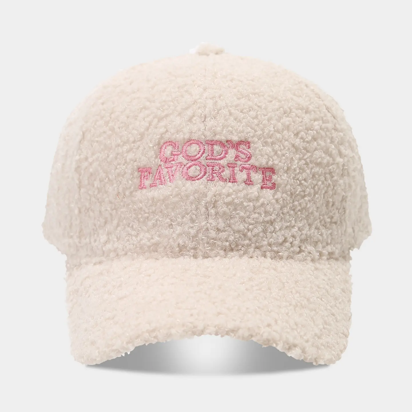 White Teddy Velvet Baseball Cap with "Gods Favorite" Embroidery - Image 3