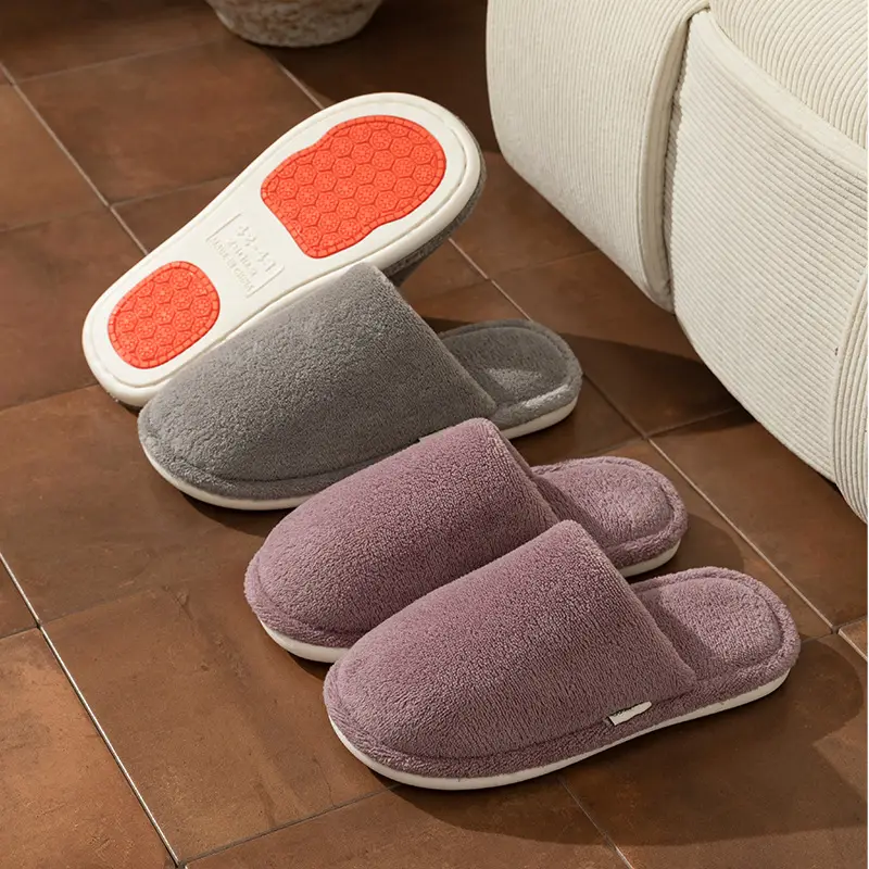 Non-Slip Cotton Slippers for Women in Autumn and Winter Indoor Home Couple Silent Fleece-Lined Warm Slippers Plush Confinement Cotton Slippers