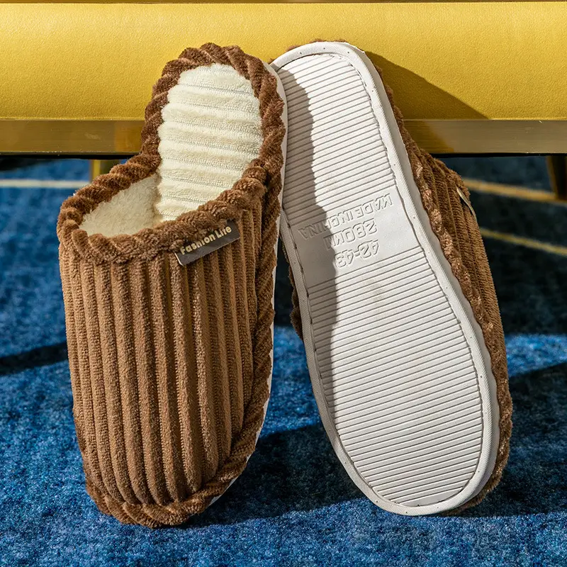 Non-Slip Cotton Slippers for Women in Autumn and Winter Indoor Home Couple Silent Fleece-Lined Warm Slippers Plush Confinement Cotton Slippers