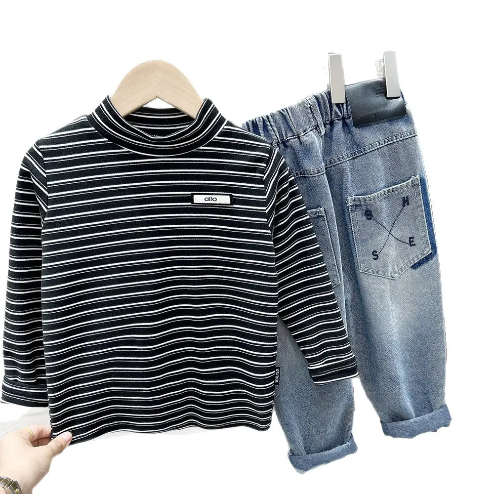 Kids Striped Turtleneck Set with Long Sleeve Jeans - Image 8