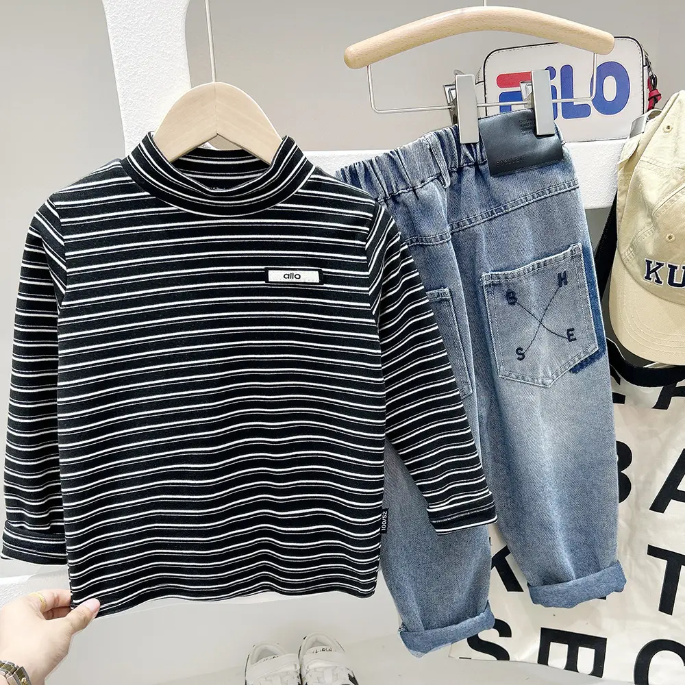 Kids Striped Turtleneck Set with Long Sleeve Jeans — feature 2