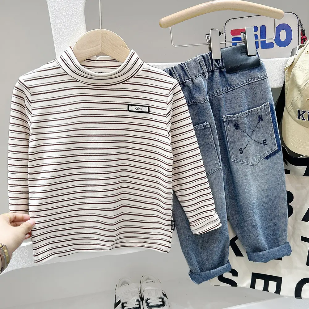 Kids Striped Turtleneck Set with Long Sleeve Jeans — feature 3