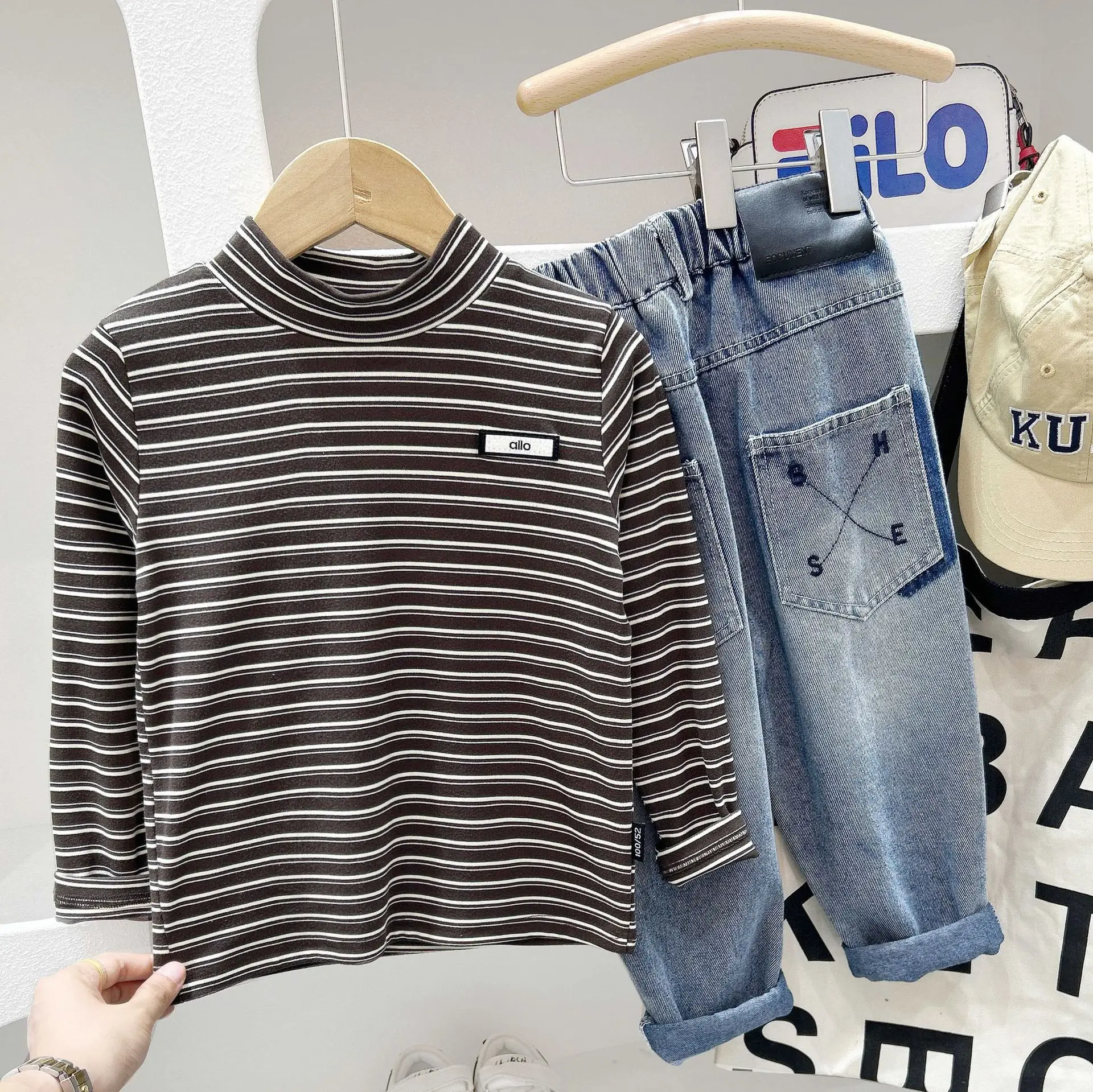 Kids Striped Turtleneck Set with Long Sleeve Jeans — feature 4