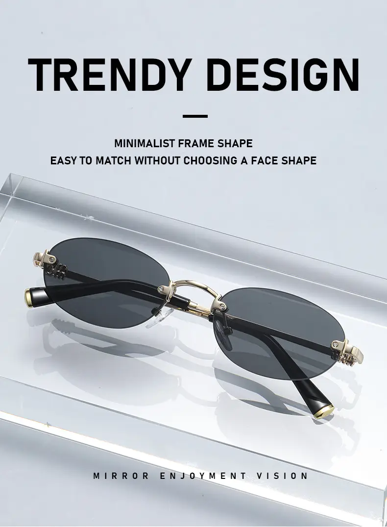 High-End Rimless Sunglasses for Women Gold Metal Black Lens — feature 4