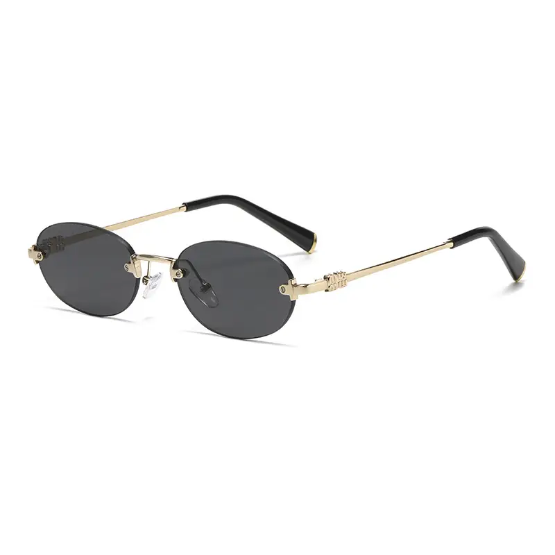 High-End Rimless Sunglasses for Women Gold Metal Black Lens