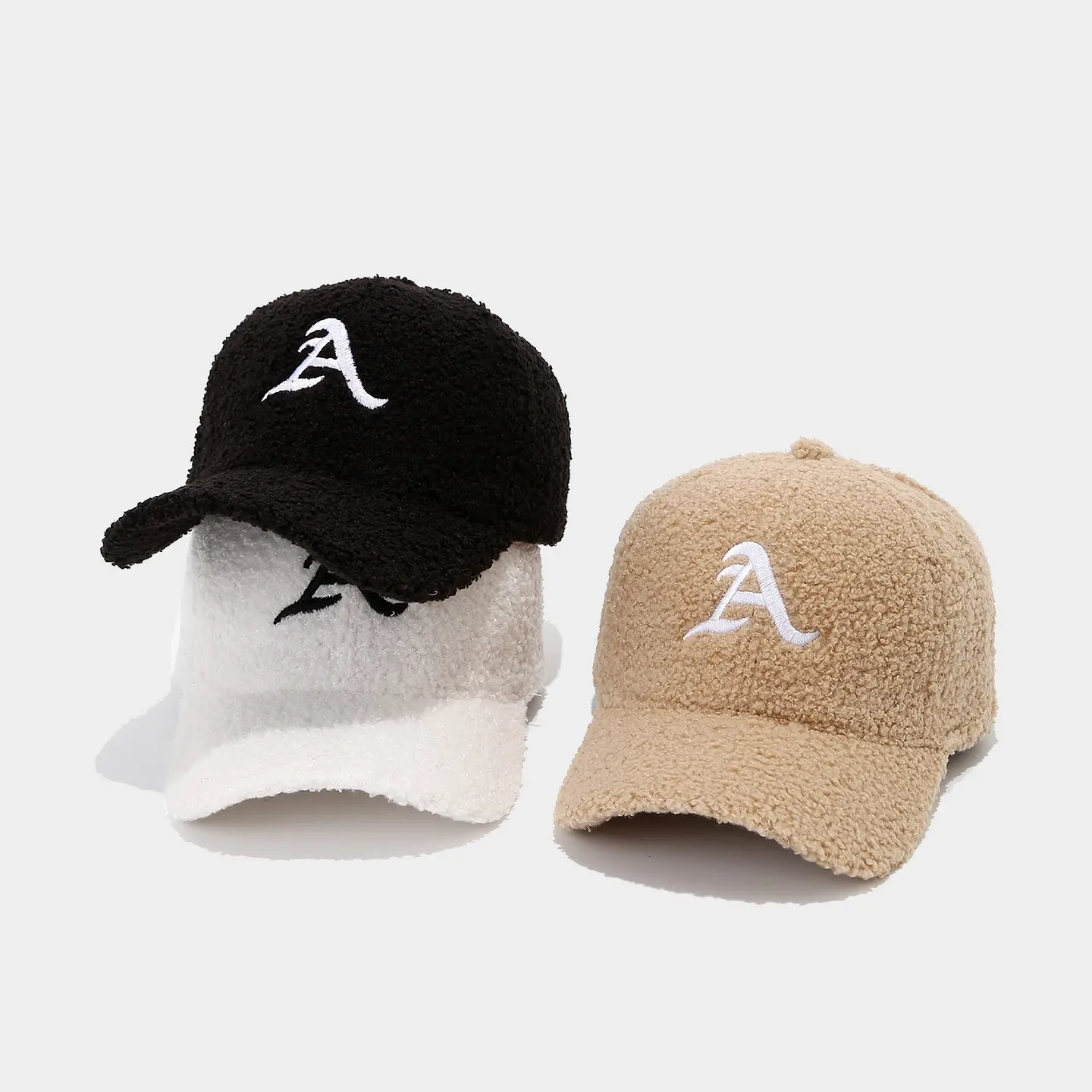 Winter Plush Cap Beige White Letter Men Women - Image 5