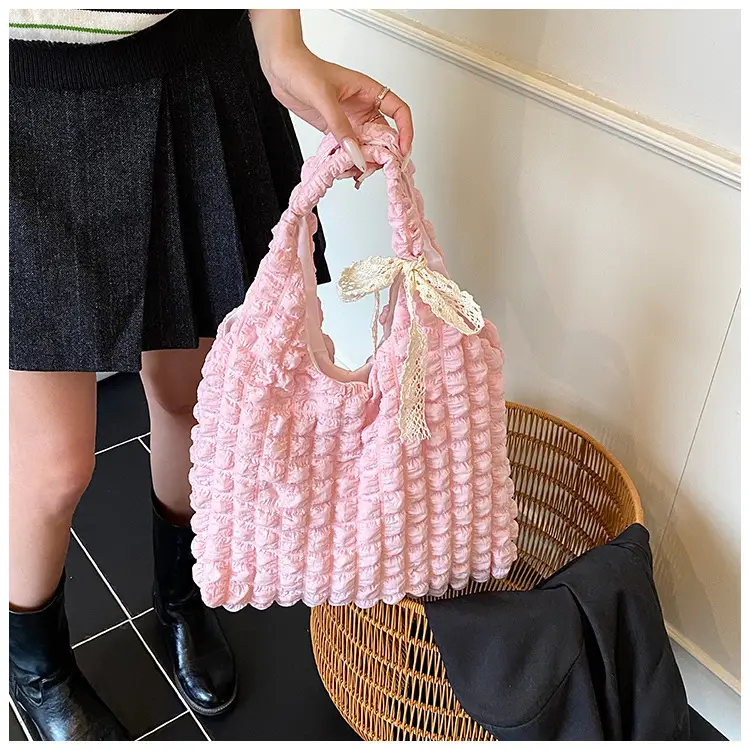 Pink Bubble Pleated Shoulder Bag for Women — feature 11