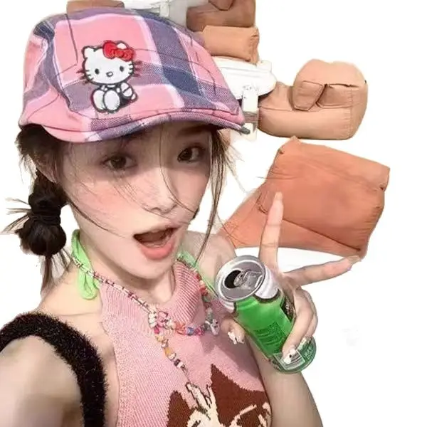 New Dopamine Beret for Women Face-Slimming Duckbill Plaid Kitty - Image 9