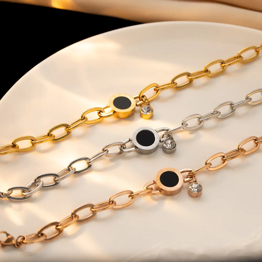 Gold Chain Bracelet with Black Diamond & Crystal Drop