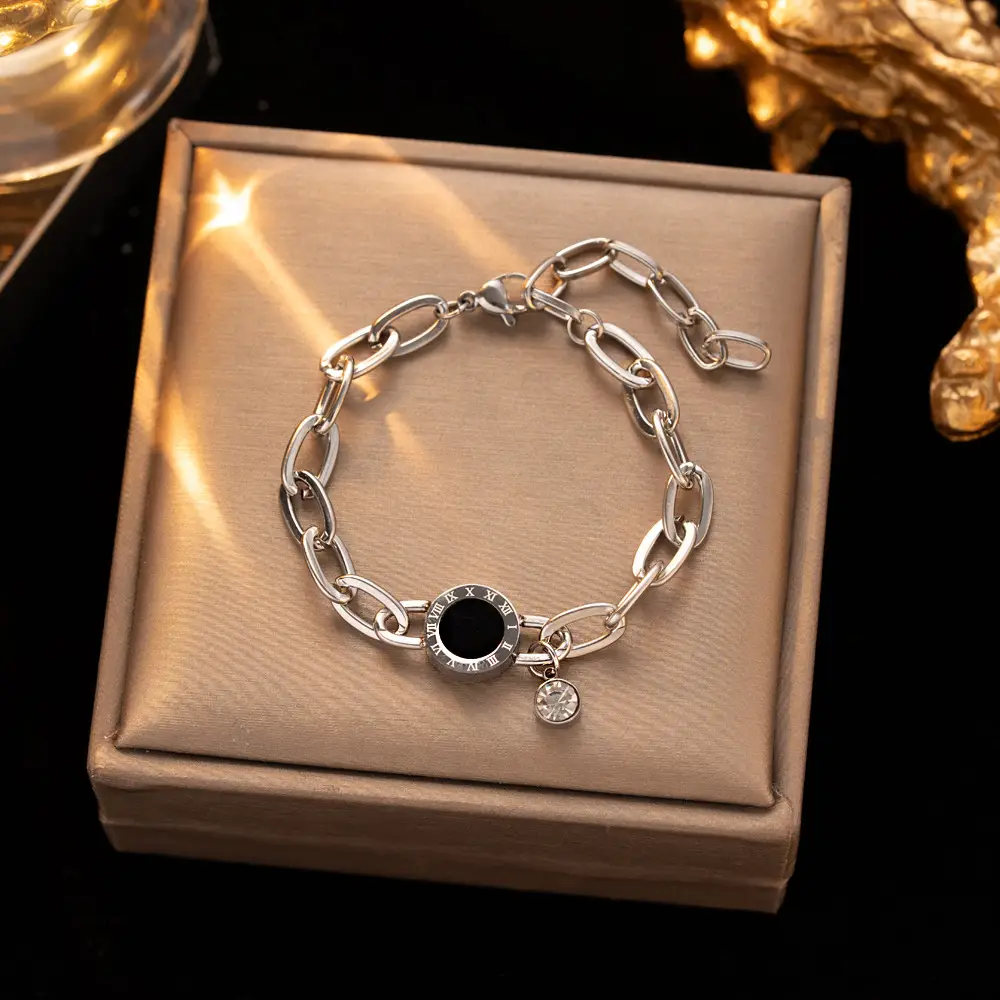 Gold Chain Bracelet with Black Diamond & Crystal Drop