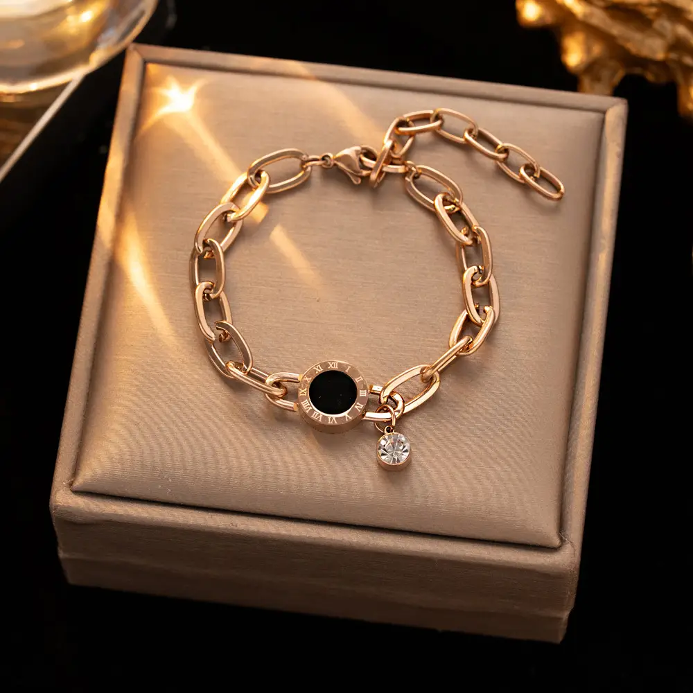 Gold Chain Bracelet with Black Diamond & Crystal Drop