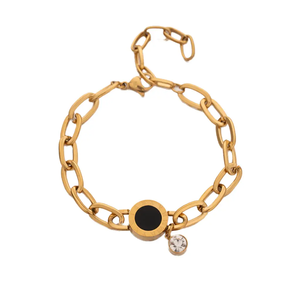 Gold Chain Bracelet with Black Diamond & Crystal Drop