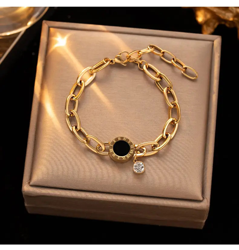 Gold Chain Bracelet with Black Diamond & Crystal Drop — feature 31