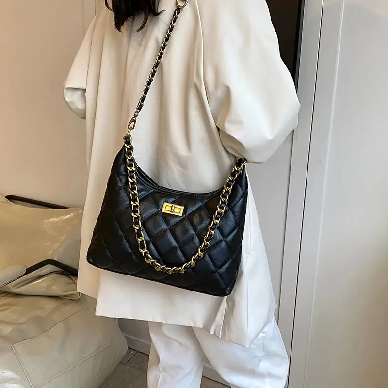 Black Quilted Shoulder Bag with Gold Chain for Women - Image 6