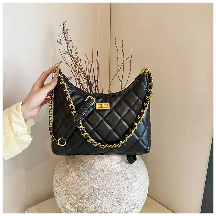 Black Quilted Shoulder Bag with Gold Chain for Women — feature 11