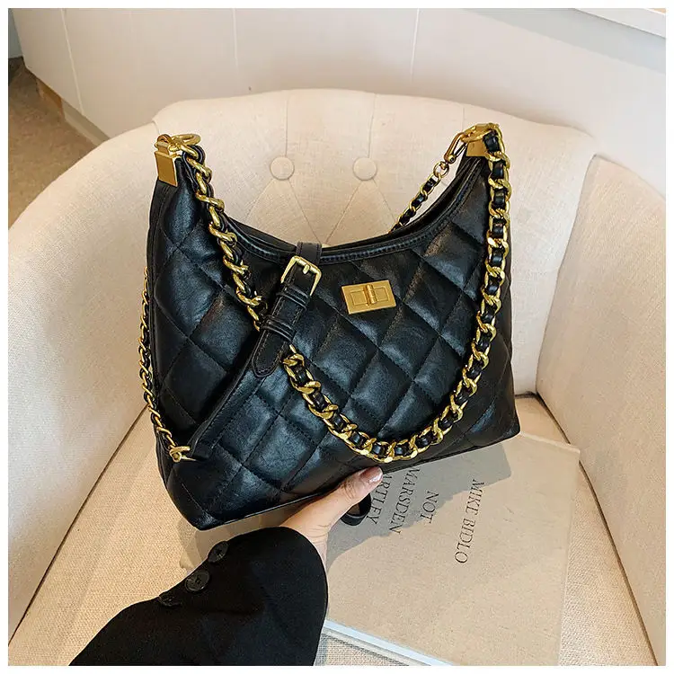 Black Quilted Shoulder Bag with Gold Chain for Women — feature 18