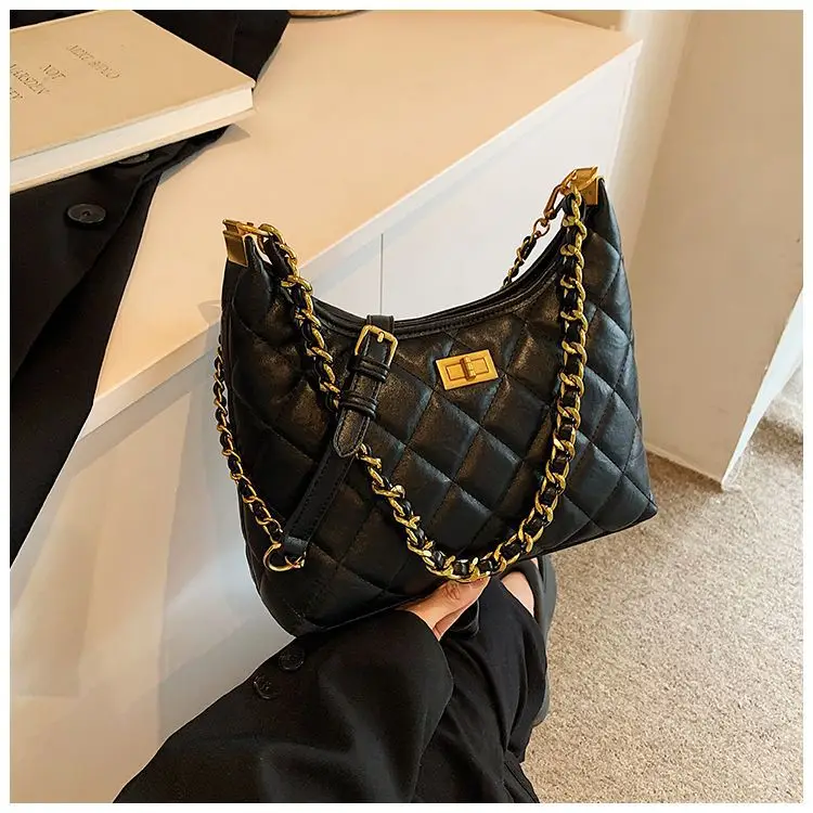 Black Quilted Shoulder Bag with Gold Chain for Women — feature 19