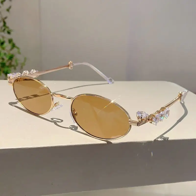Oval Sunglasses with Diamond Frames Gold Metal