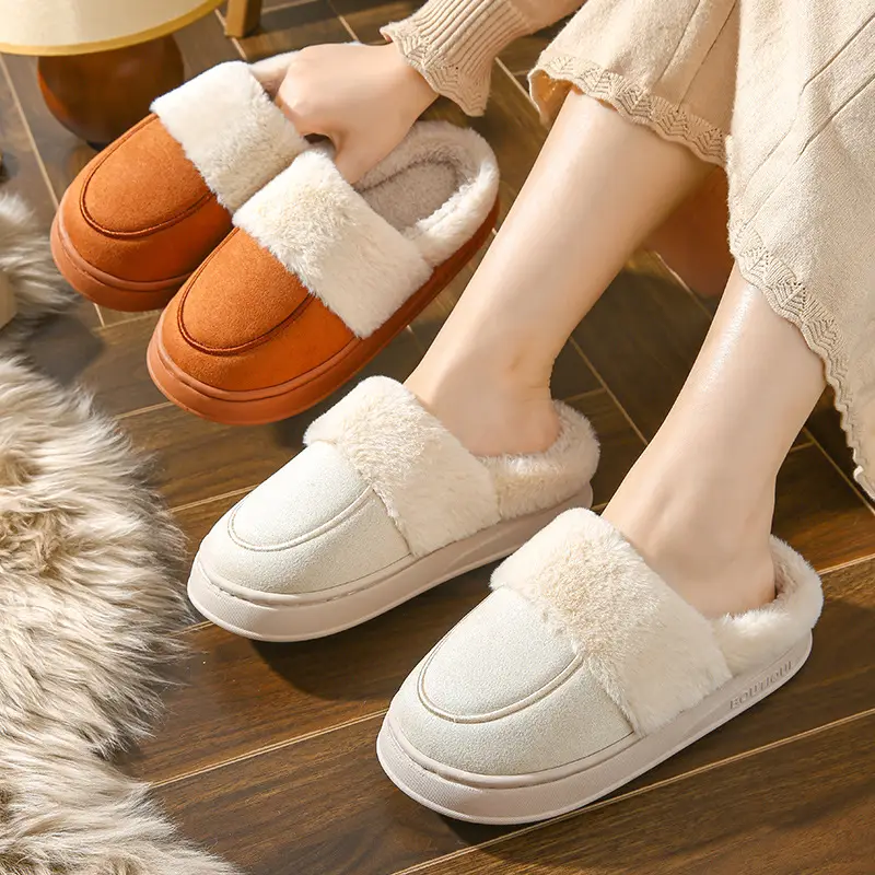 Cotton Slippers for Women in Autumn and Winter Indoor Home Couple Thick-Soled Warm Suede Plush Slippers for Men to Wear Outside in Winter