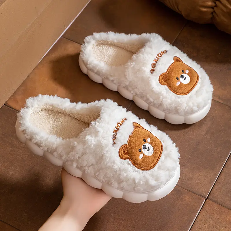 Cute Bear Embroidered Plush Slippers Women Winter Warm - Image 6