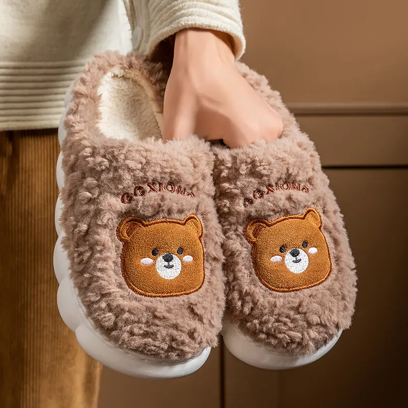 Cute Bear Embroidered Plush Slippers Women Winter Warm - Image 7