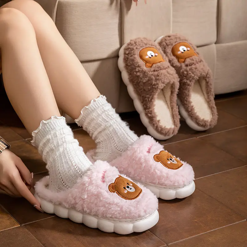 Cute Bear Embroidered Plush Slippers Women Winter Warm - Image 8