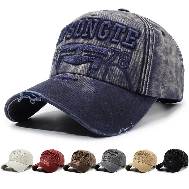 Men Washed Distressed Sun Hat with Embroidered Design - Image 9