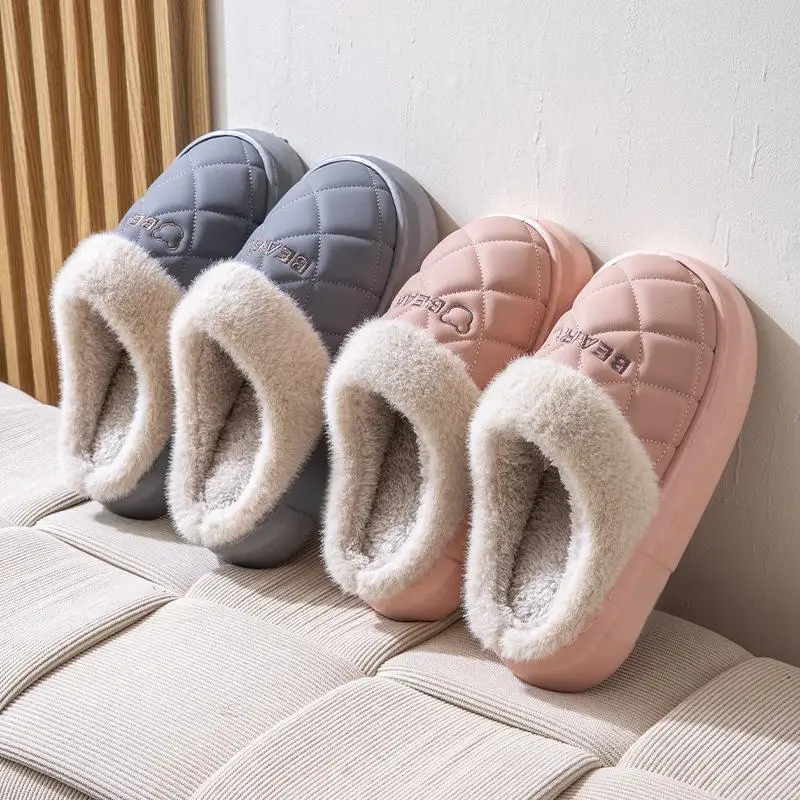 2025 New Pu Waterproof Cotton Slippers for Ladies and Couples for Home Use Fleece-Lined Warm Thick-Soled Non-Slip Cotton Slippers for Men in Autumn and Winter - Image 8