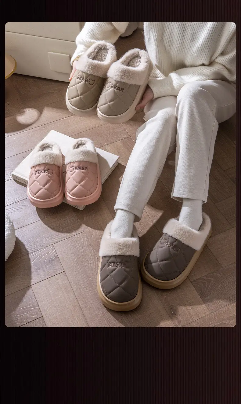 2025 New Pu Waterproof Cotton Slippers for Ladies and Couples for Home Use Fleece-Lined Warm Thick-Soled Non-Slip Cotton Slippers for Men in Autumn and Winter — feature 18