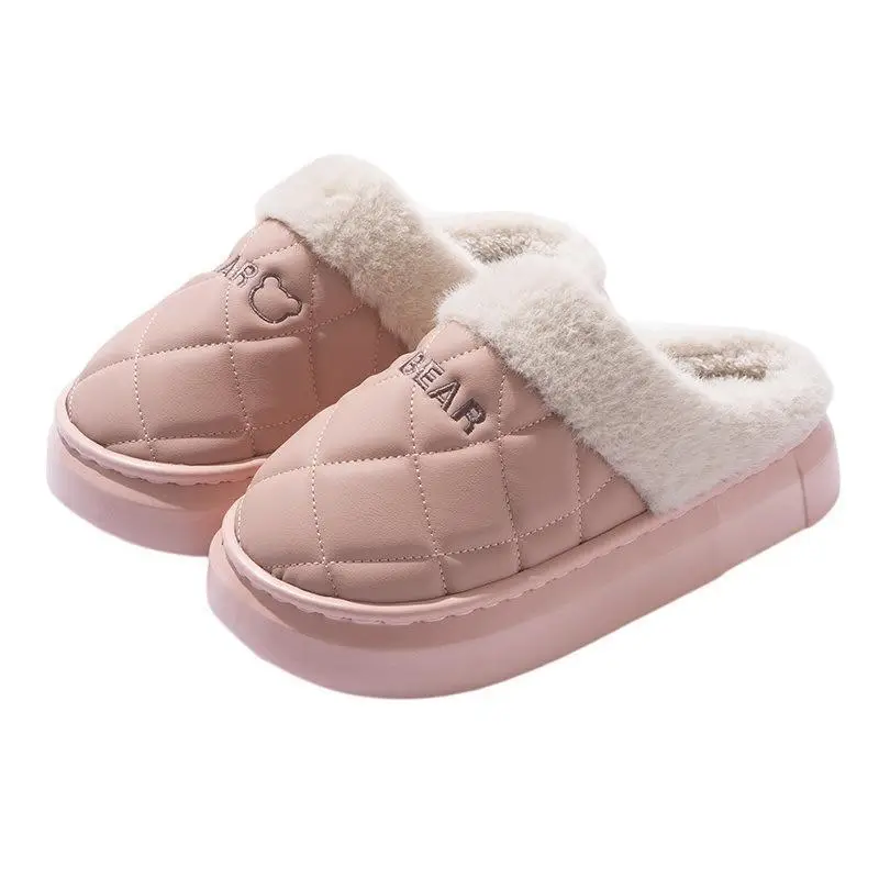 2025 New Pu Waterproof Cotton Slippers for Ladies and Couples for Home Use Fleece-Lined Warm Thick-Soled Non-Slip Cotton Slippers for Men in Autumn and Winter - Image 2