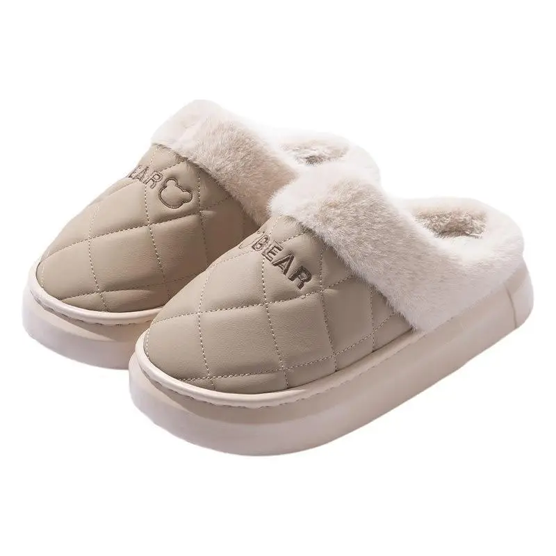 2025 New Pu Waterproof Cotton Slippers for Ladies and Couples for Home Use Fleece-Lined Warm Thick-Soled Non-Slip Cotton Slippers for Men in Autumn and Winter - Image 3