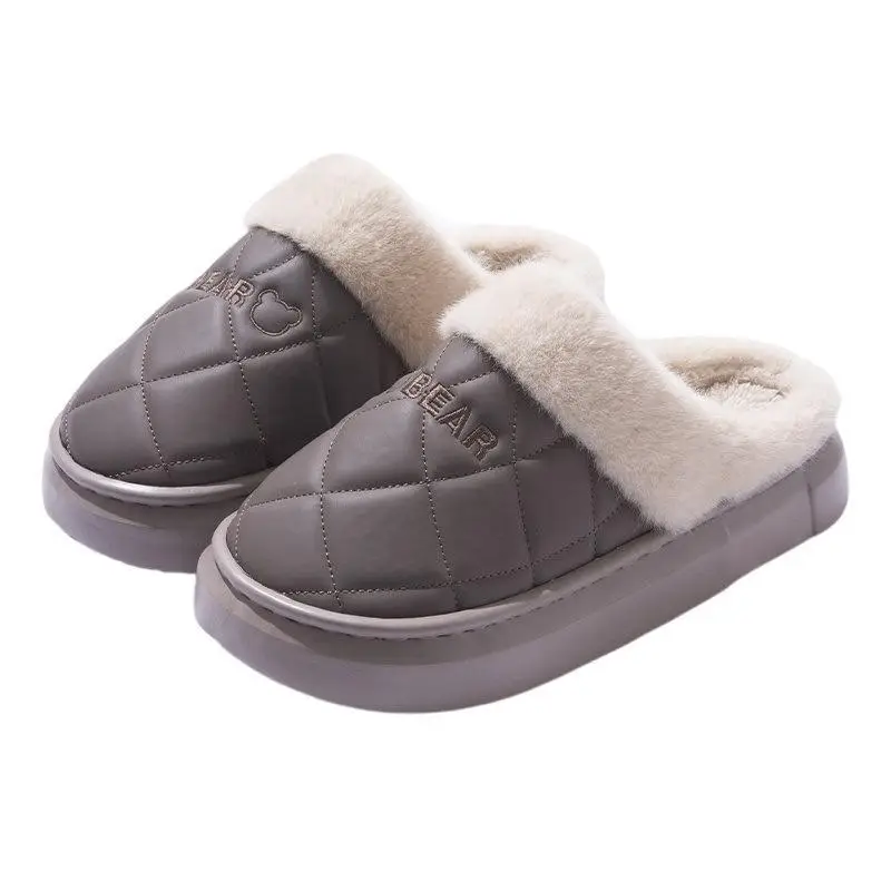 2025 New Pu Waterproof Cotton Slippers for Ladies and Couples for Home Use Fleece-Lined Warm Thick-Soled Non-Slip Cotton Slippers for Men in Autumn and Winter - Image 5