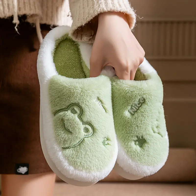 Winter Cartoon Plush Cotton Slippers Women Pink Grey