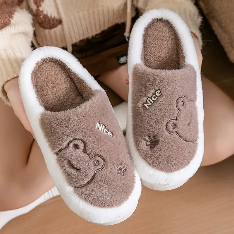 Winter Cartoon Plush Cotton Slippers Women Pink Grey