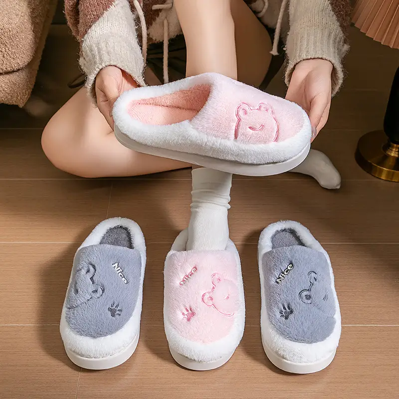 Winter Cartoon Plush Cotton Slippers Women Pink Grey