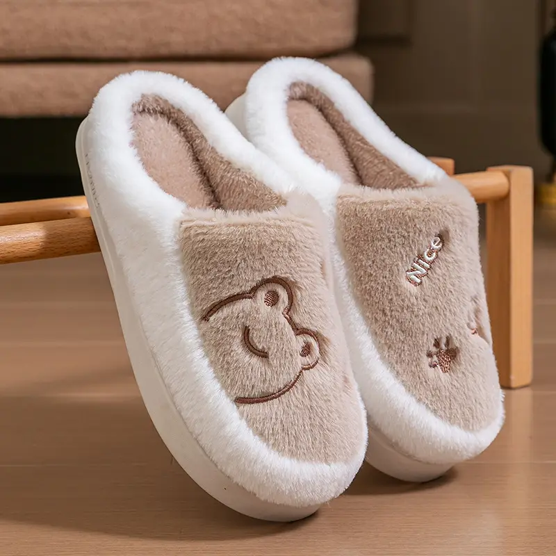 Winter Cartoon Plush Cotton Slippers Women Pink Grey