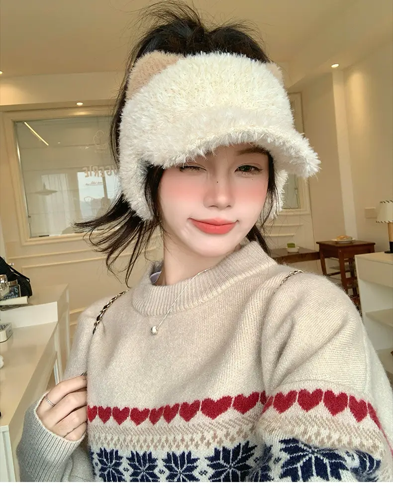 Pink Plush Cat Ears Hat for Women Winter Windproof — feature 1