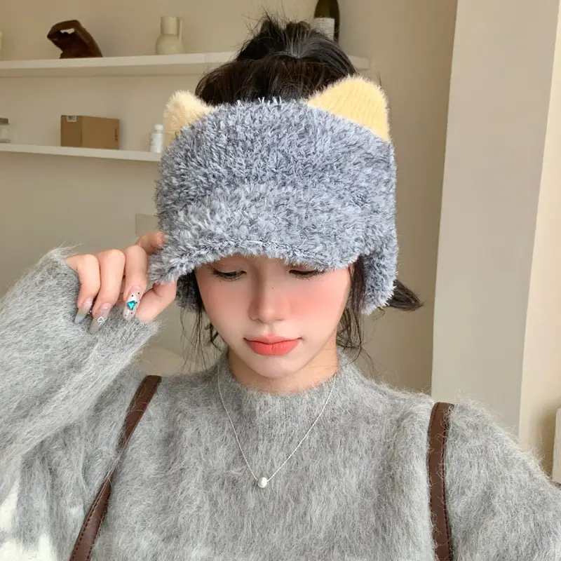 Pink Plush Cat Ears Hat for Women Winter Windproof - Image 5