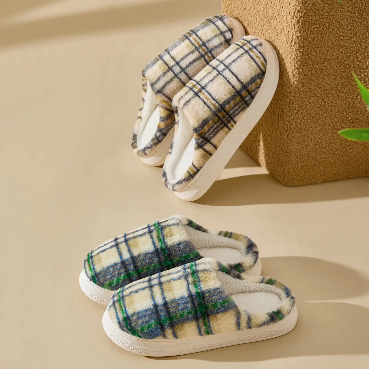 Women Plush Cotton Winter Slippers Brown Plaid - Image 5