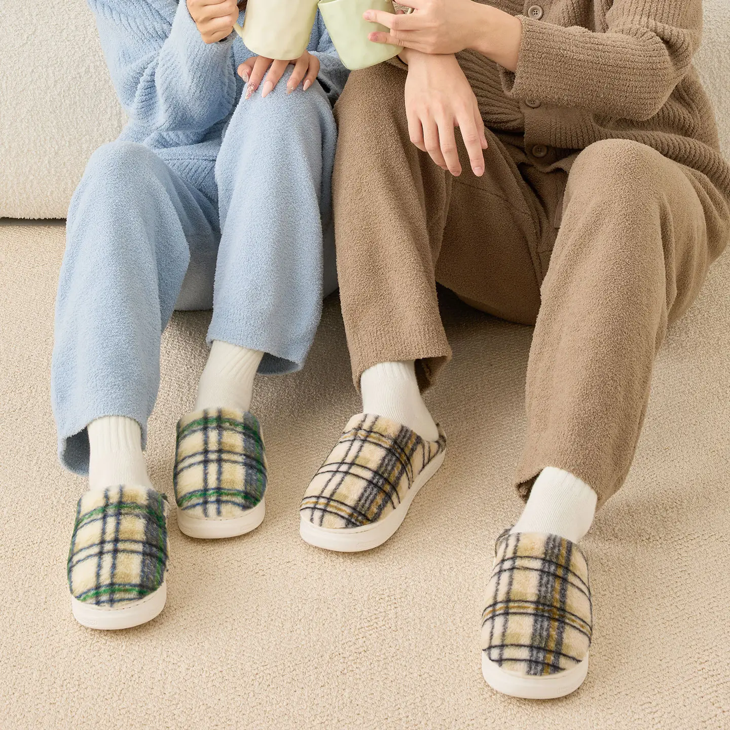 Women Plush Cotton Winter Slippers Brown Plaid - Image 6