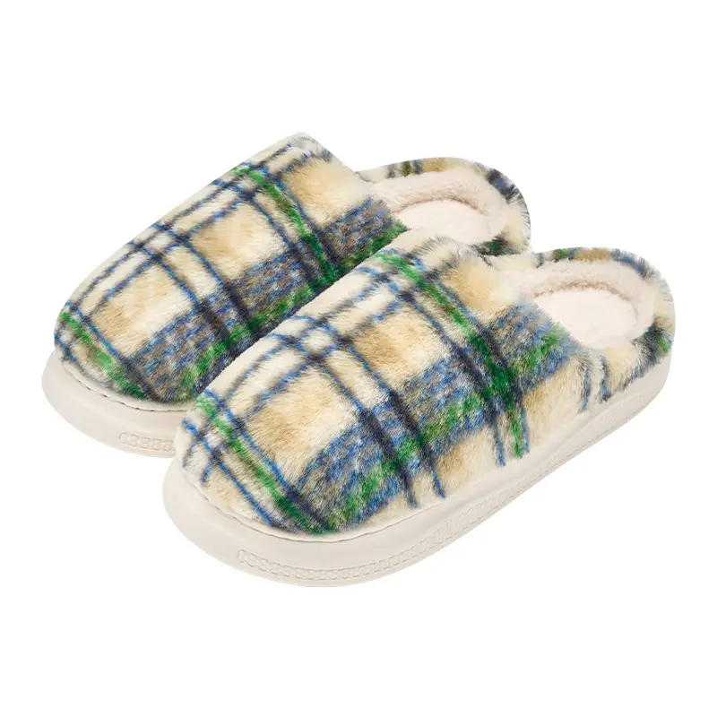 Women Plush Cotton Winter Slippers Brown Plaid - Image 9