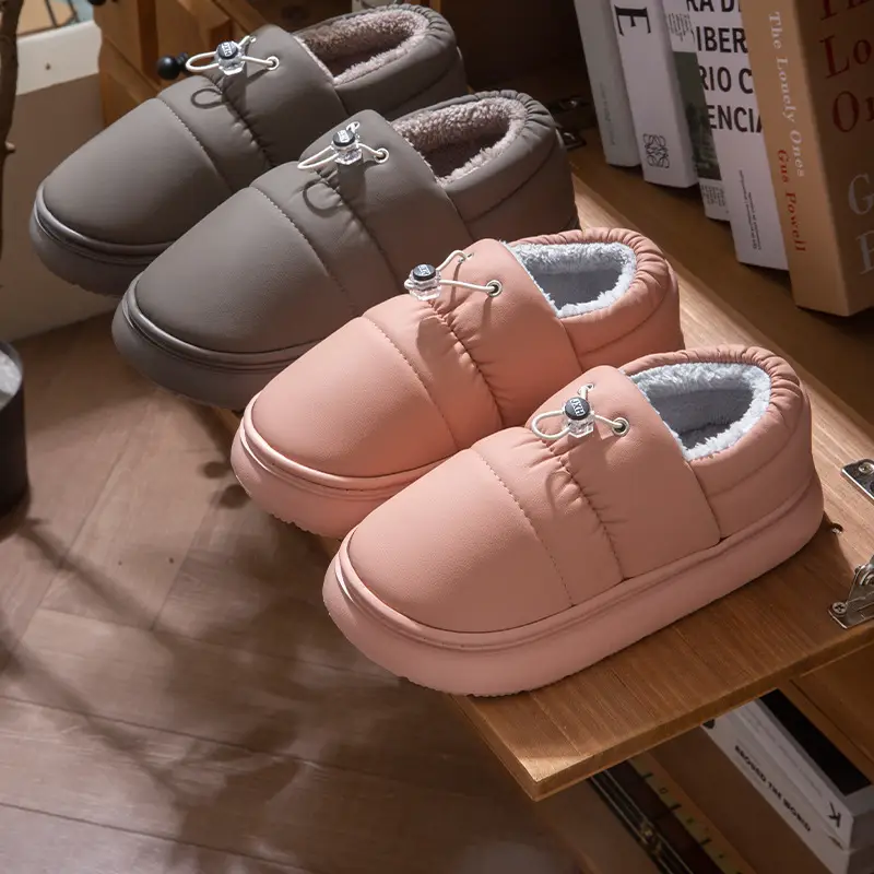 Pu Leather Waterproof Couple Cotton Slippers with Heel Men's Plush Thick-Soled Indoor Floor Non-Slip Home Cotton Shoes Women's Winter - Image 6