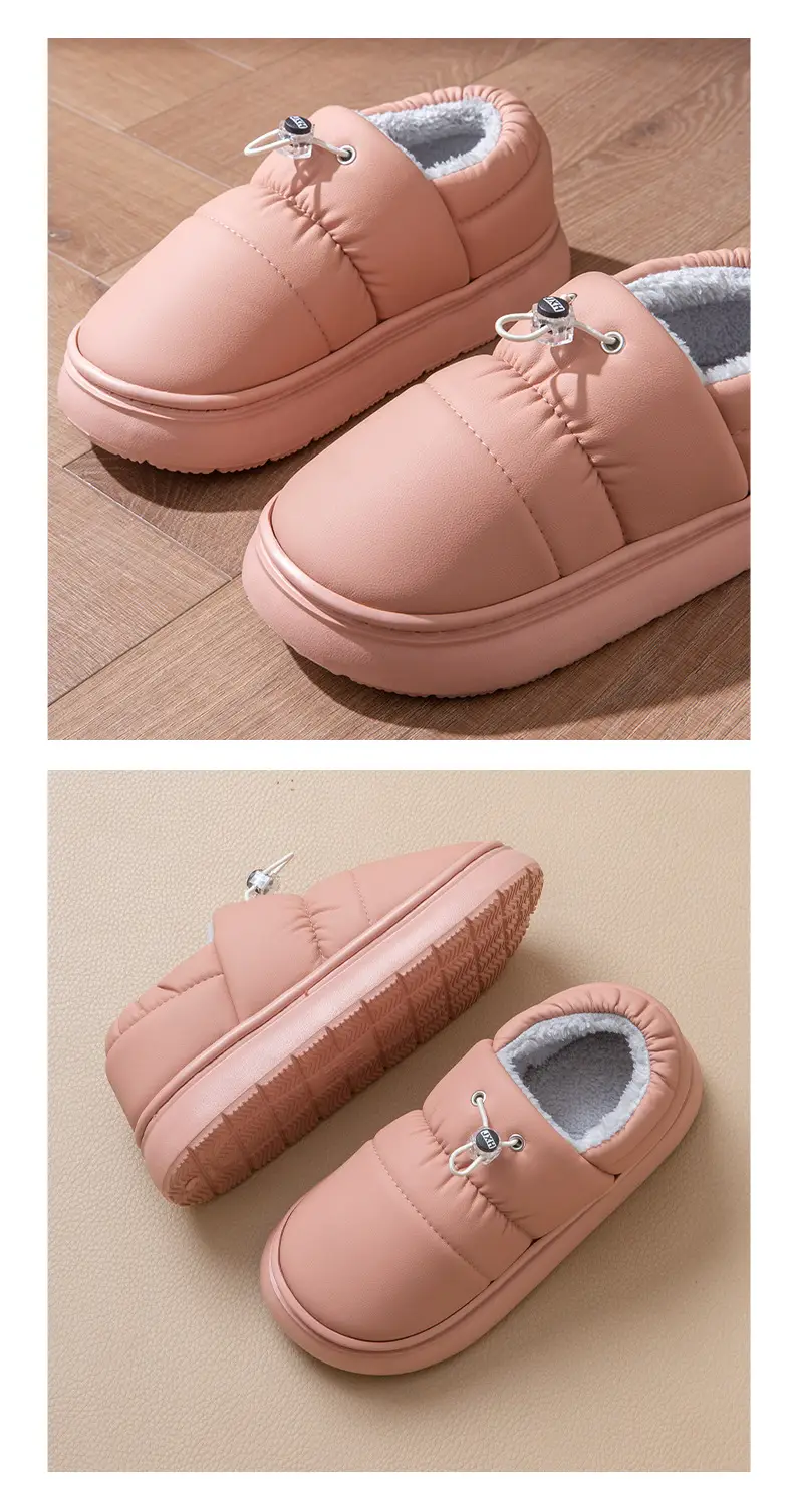 Pu Leather Waterproof Couple Cotton Slippers with Heel Men's Plush Thick-Soled Indoor Floor Non-Slip Home Cotton Shoes Women's Winter — feature 9