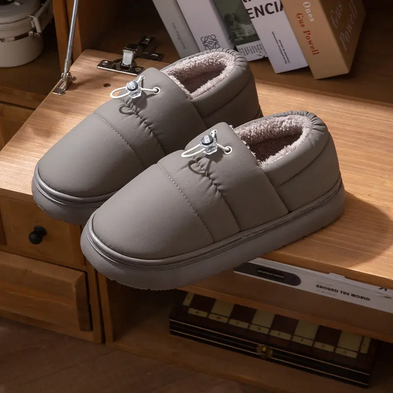 Pu Leather Waterproof Couple Cotton Slippers with Heel Men's Plush Thick-Soled Indoor Floor Non-Slip Home Cotton Shoes Women's Winter
