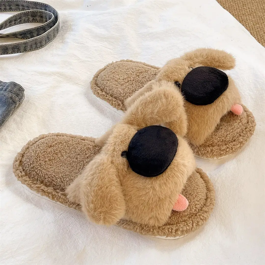 Furry Slippers for Women to Wear in Winter, Cute Big-Nosed Puppy Non-Slip Slippers for Home and Indoor Warm Cotton Slippers - Image 4